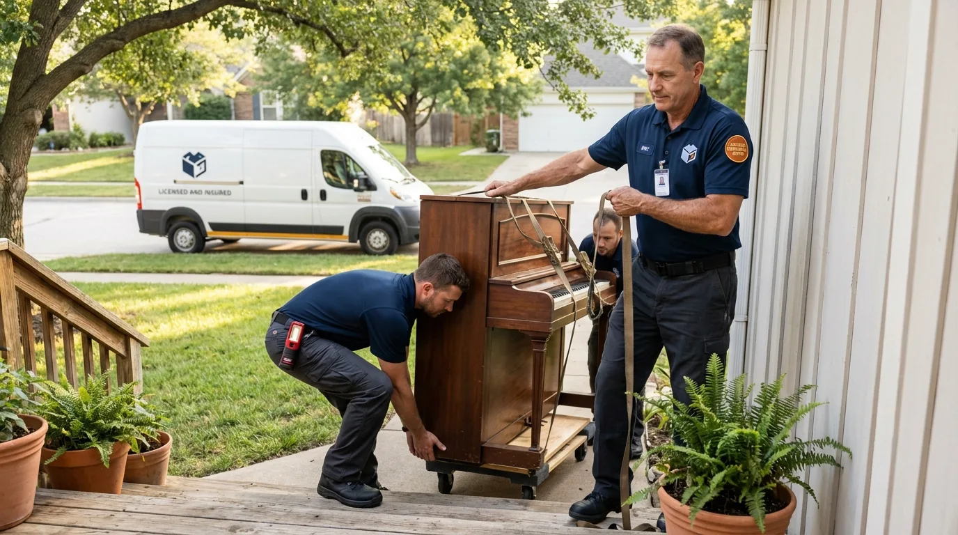 Licensed piano movers securing grand piano in Hamilton, NY