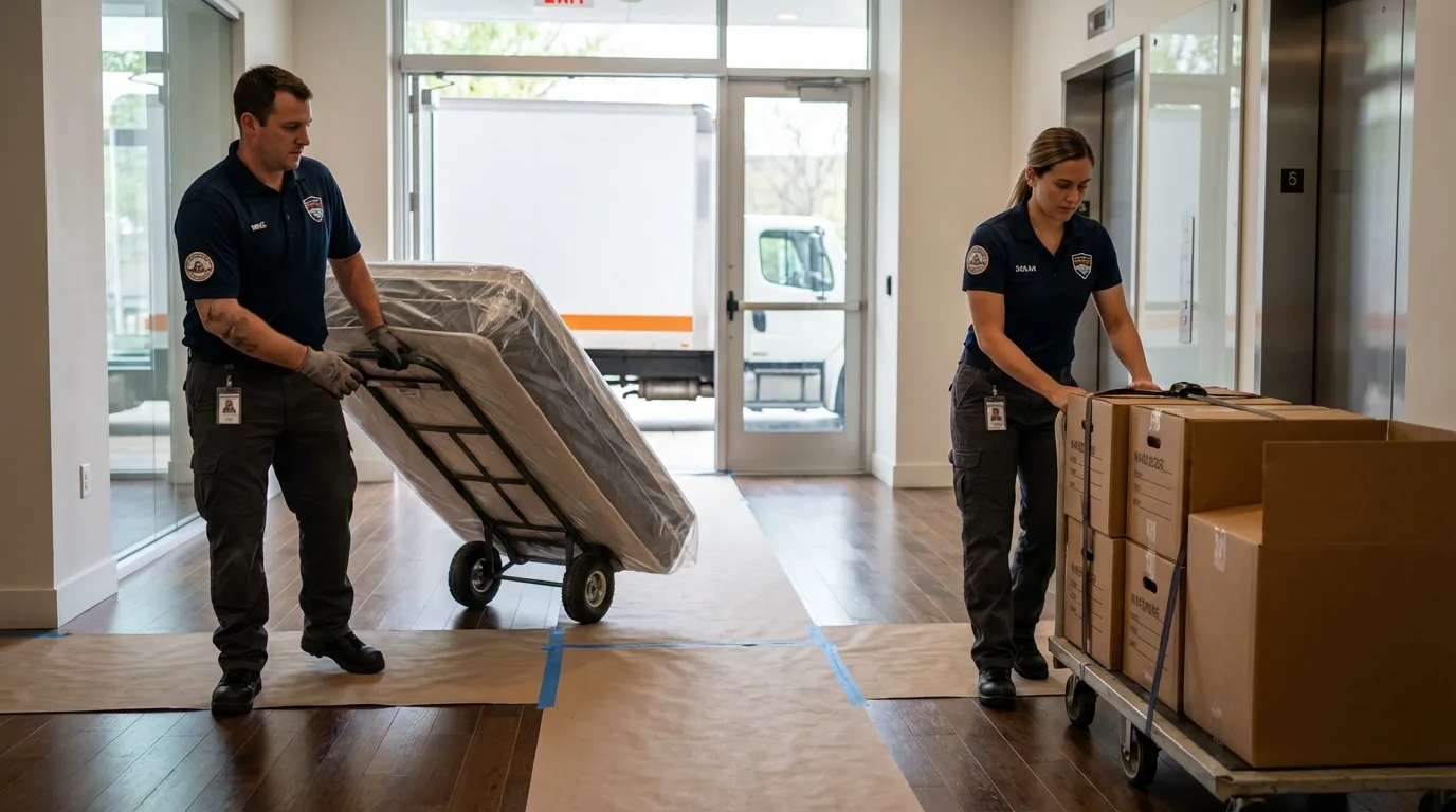 Professional apartment movers loading elevator in Hamilton, NY